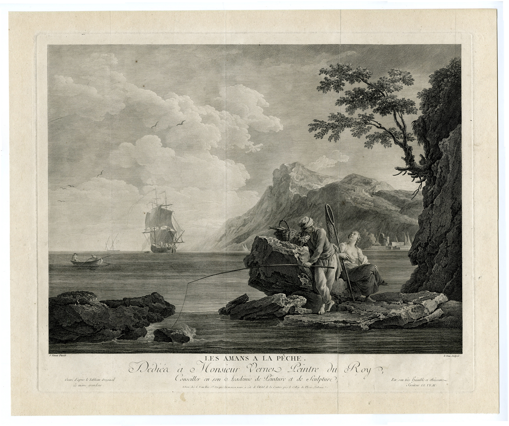 , Antique Master Print-COASTAL-VIEW-LOVERS-FISHERS-Le Veau-Vernet-c. 1770, Pictura Antique Prints