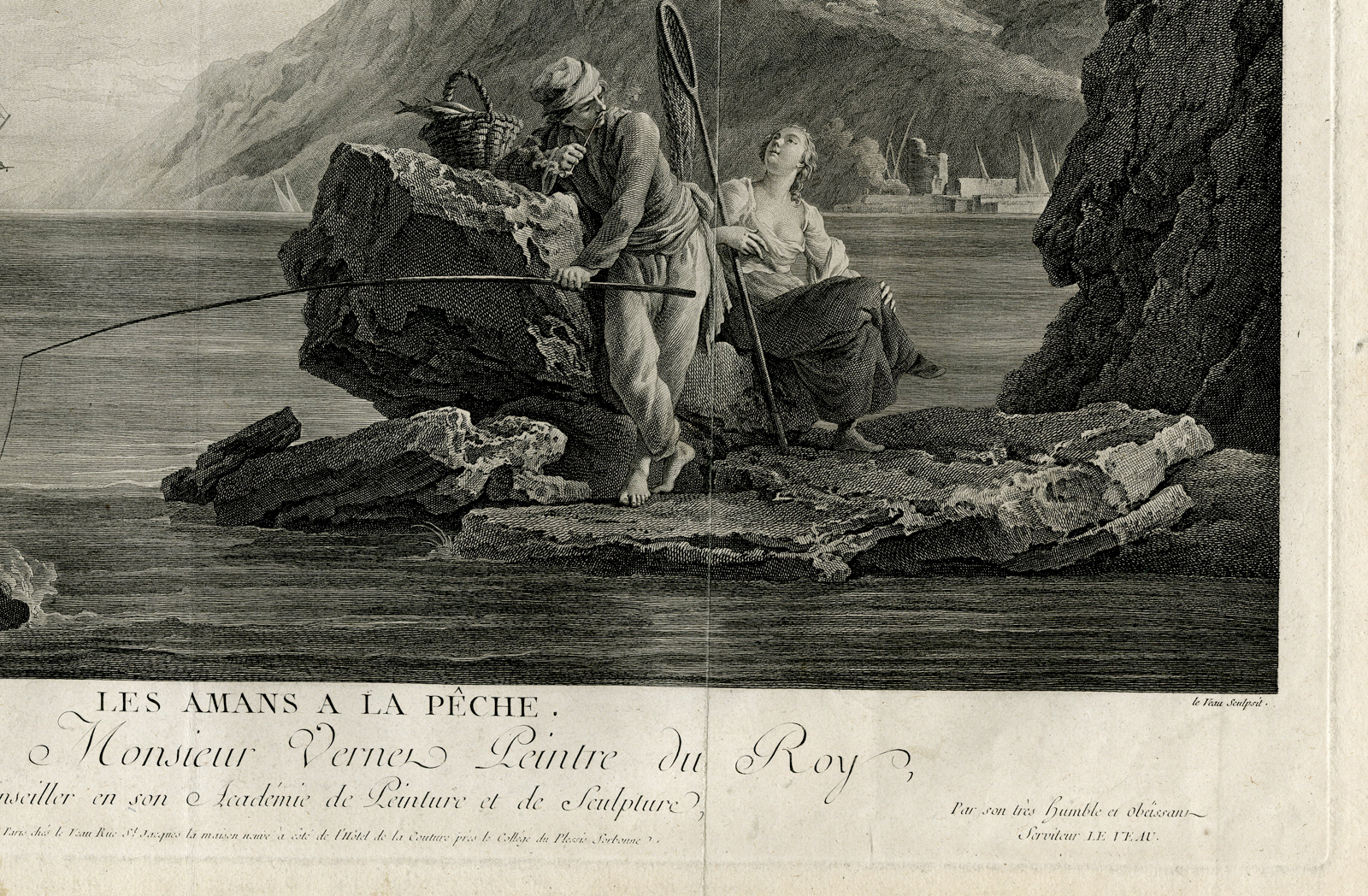 , Antique Master Print-COASTAL-VIEW-LOVERS-FISHERS-Le Veau-Vernet-c. 1770, Pictura Antique Prints