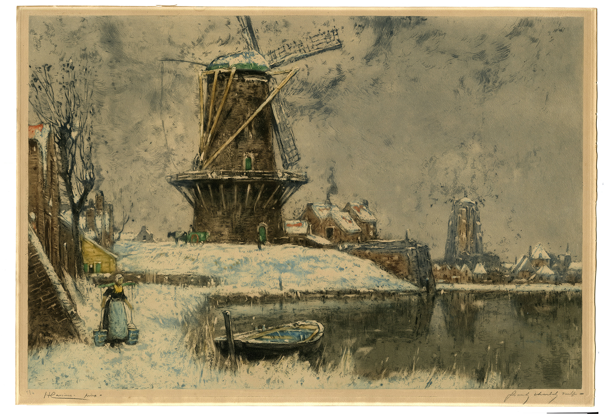 , Antique Master Print-WINTER-SCENE-DOMBURG-ETCHING-Charlet-Cassiers-c.1900, Pictura Antique Prints
