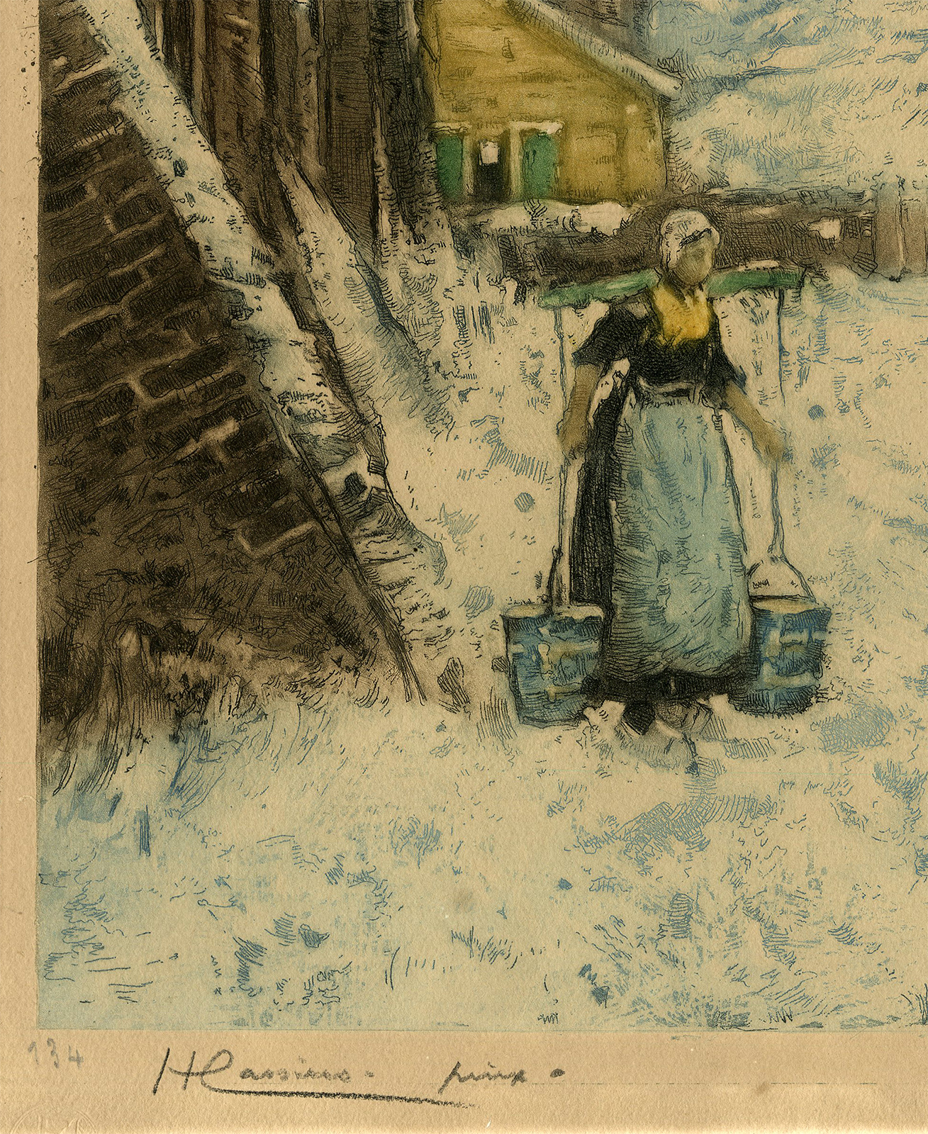, Antique Master Print-WINTER-SCENE-DOMBURG-ETCHING-Charlet-Cassiers-c.1900, Pictura Antique Prints