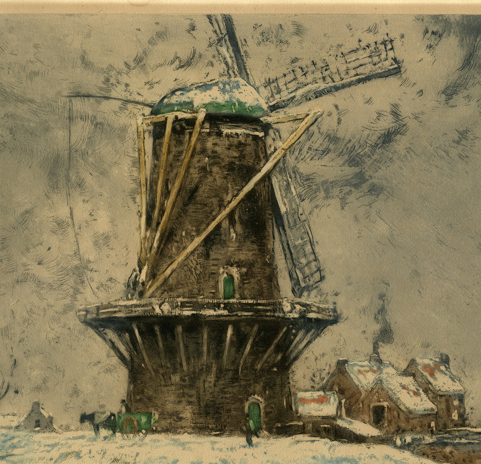, Antique Master Print-WINTER-SCENE-DOMBURG-ETCHING-Charlet-Cassiers-c.1900, Pictura Antique Prints