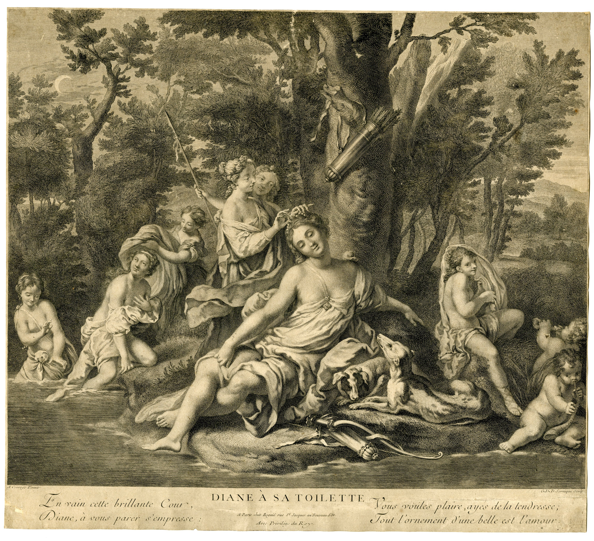 , Antique Master Print-DIANA-TOILETTE-NYMPHS-Sornique-Correggio-c.1750, Pictura Antique Prints
