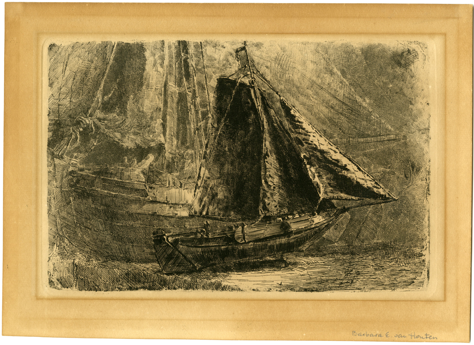 , Antique Master Print-TWO-SAILING-SHIPS-van Houten-c. 1877-1950, Pictura Antique Prints