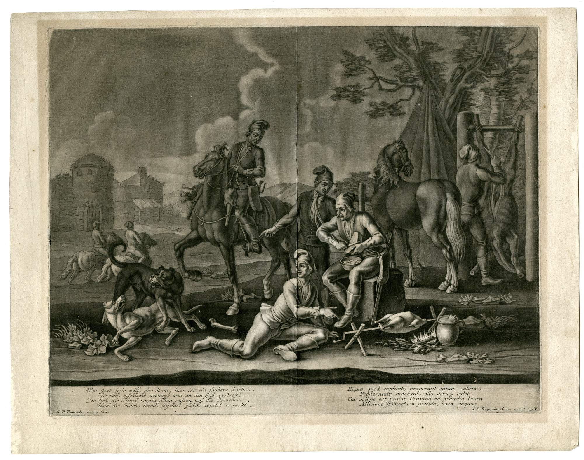Pictura 05355 416x328 Rare-Antique Master Print-SOLDIERS-REST-SCENE-HORSE-COOKING-Rugendas-c.1720