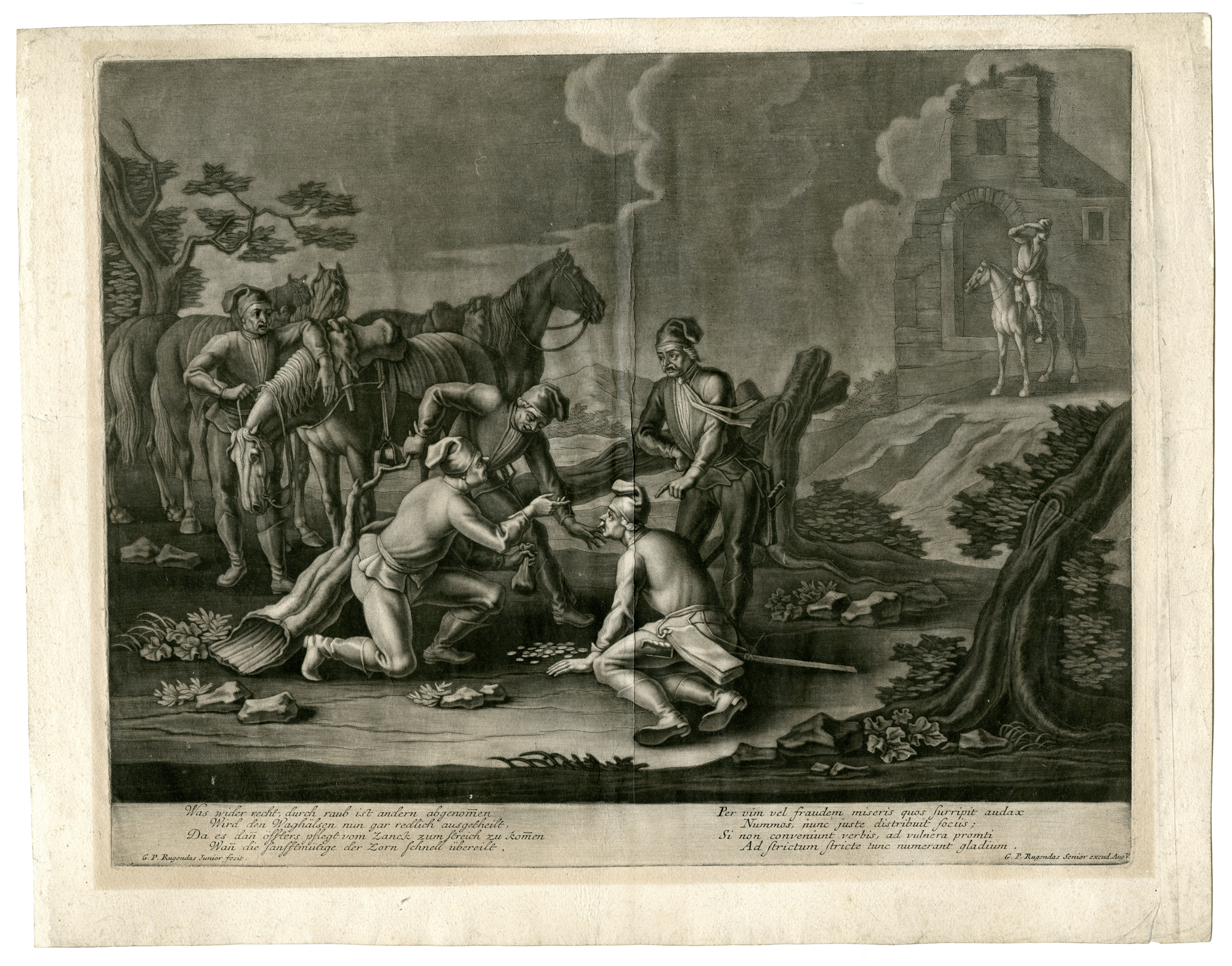, Rare-Antique Master Print-RESTING SOLDIERS-HORSES-COIN GAME-Rugendas-c.1720, Pictura Antique Prints