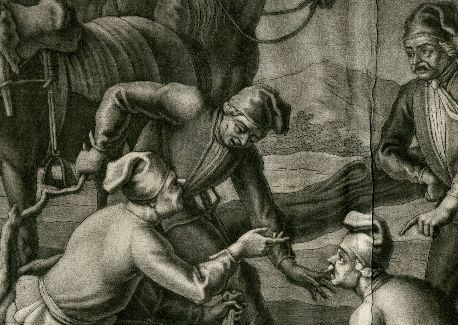 , Rare-Antique Master Print-RESTING SOLDIERS-HORSES-COIN GAME-Rugendas-c.1720, Pictura Antique Prints