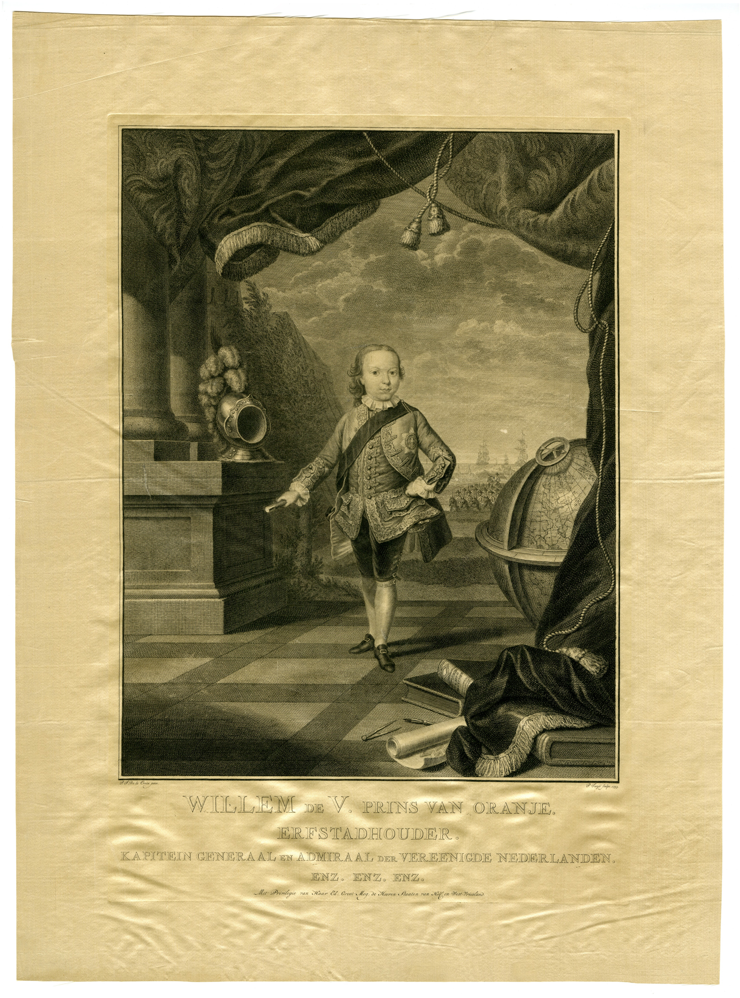 , Antique Master Print-ON SILK-WILLEM-V-PRINCE-OF-ORANGE-Tanje-De la Croix-1755, Pictura Antique Prints