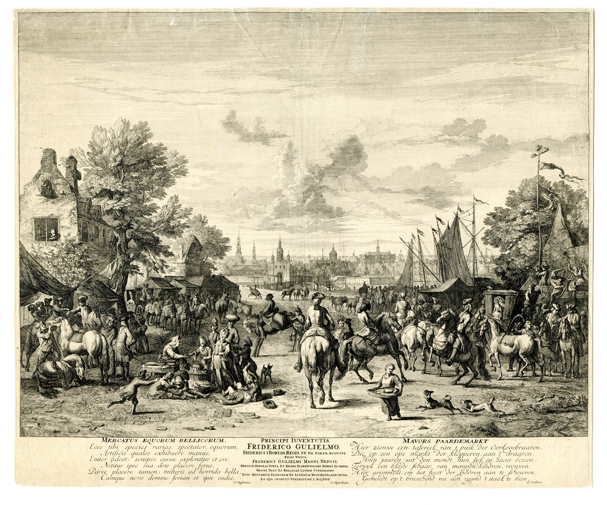 , Antique Master Print-HORSE-MARKET-GENRE-FAIR-Huchtenburg-ca. 1690, Pictura Antique Prints
