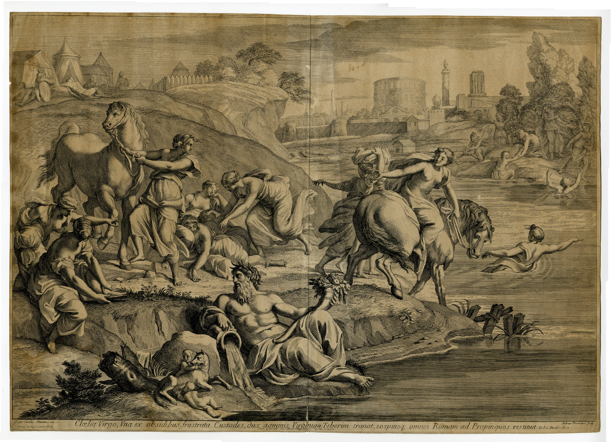 , Antique Master Print-CLELIA-PASSING-THE-TIBER-ROMAN-CLASSICAL-Procaccini-c.1700, Pictura Antique Prints