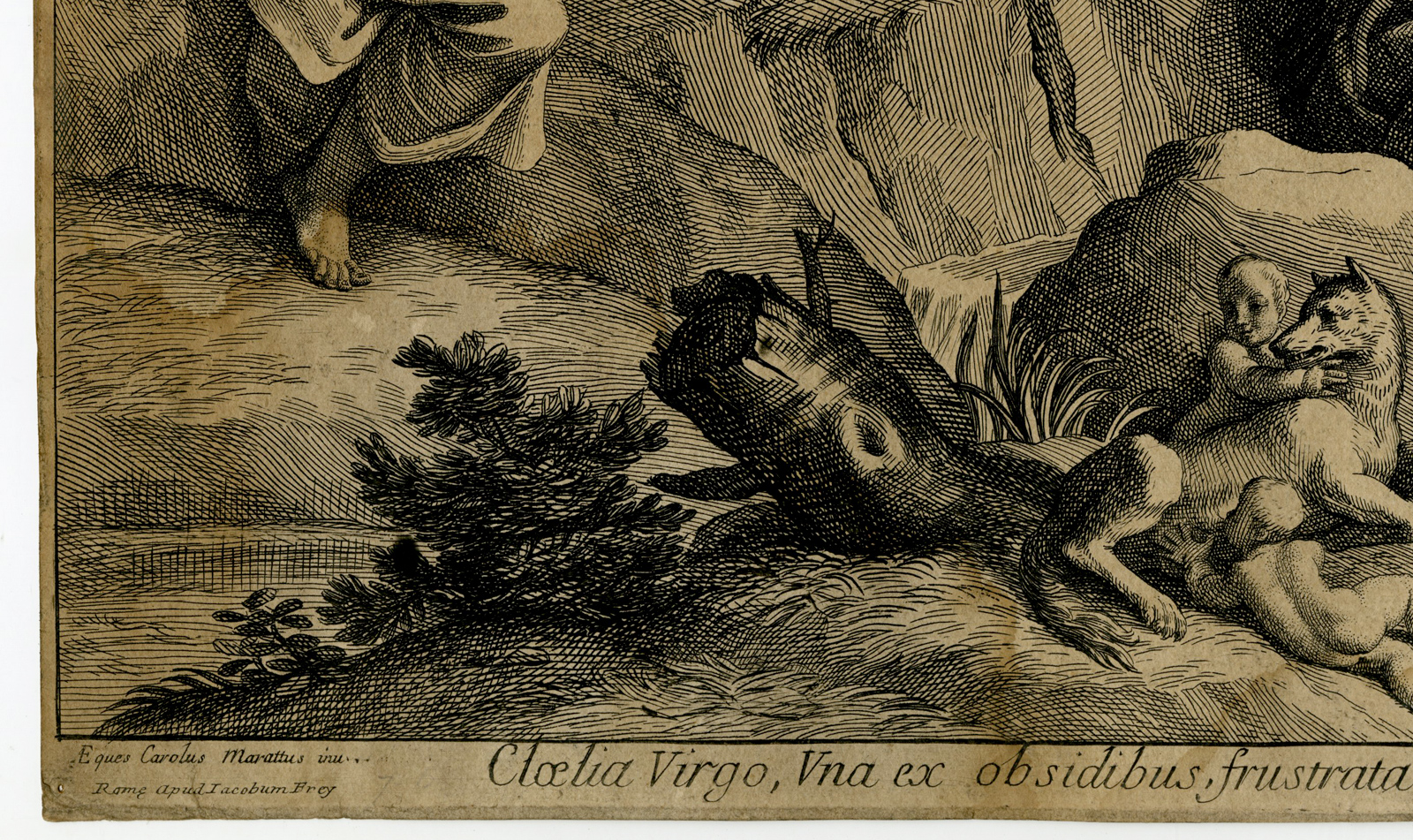 , Antique Master Print-CLELIA-PASSING-THE-TIBER-ROMAN-CLASSICAL-Procaccini-c.1700, Pictura Antique Prints
