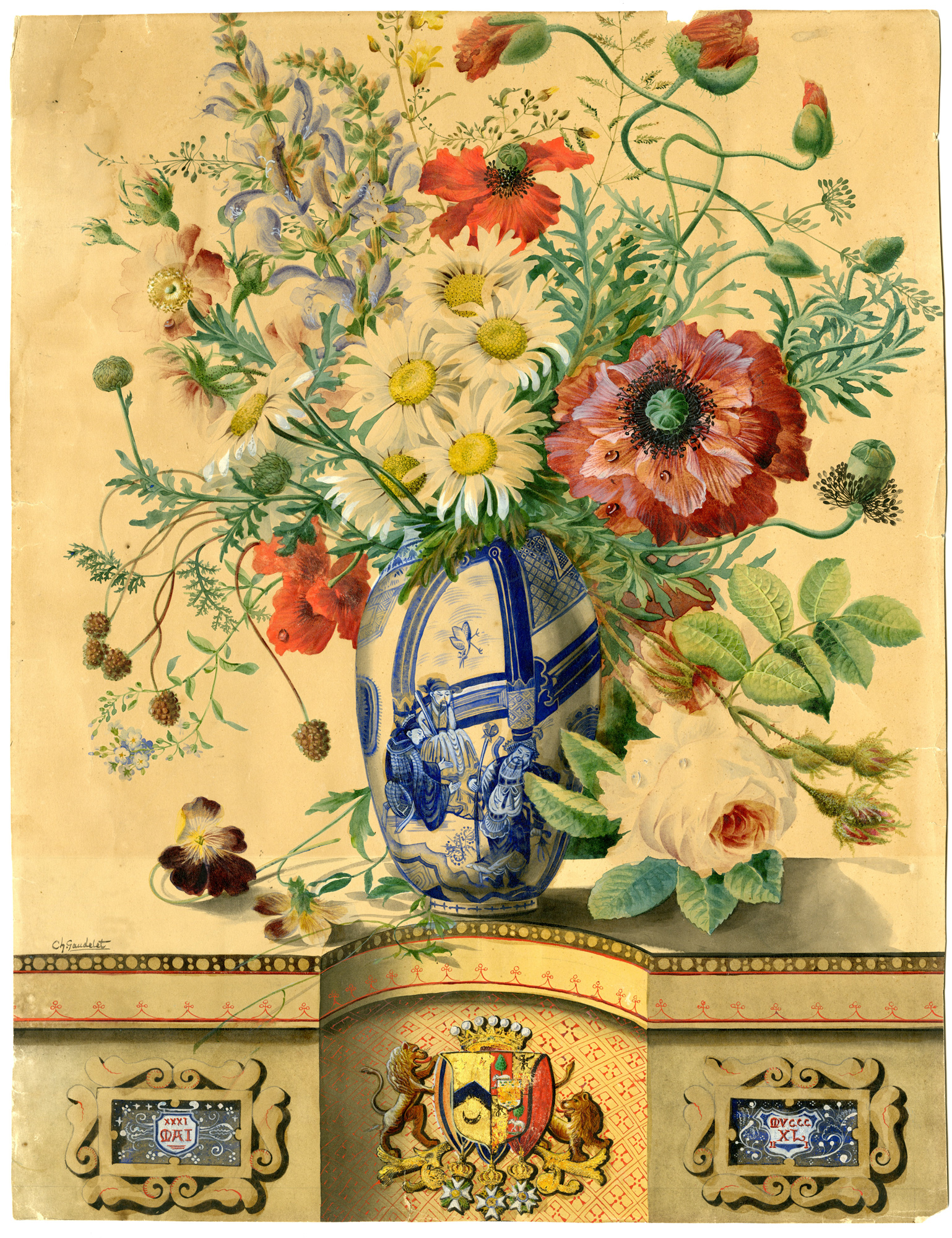 , Antique Drawing-CHINESE-VASE-FLOWER-BOUQUET-Gaudelet-1841, Pictura Antique Prints