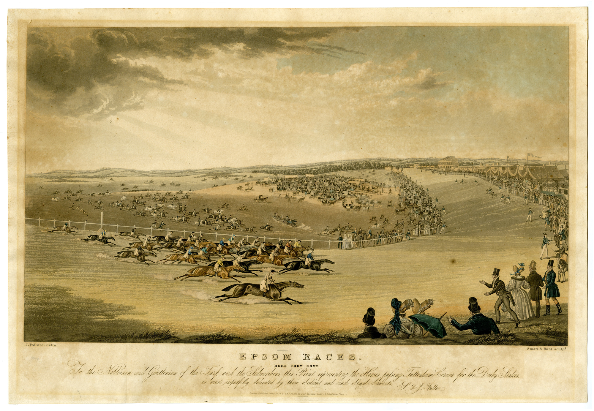, 2-Antique Master Prints-EPSOM-RACES-HORSES-Smart, Hunt-Pollard-c.1830, Pictura Antique Prints