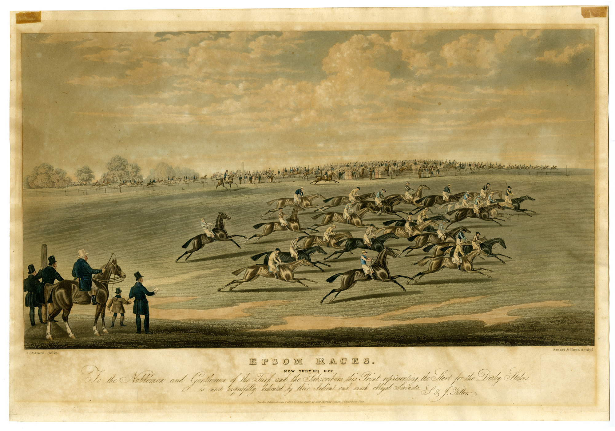 , 2-Antique Master Prints-EPSOM-RACES-HORSES-Smart, Hunt-Pollard-c.1830, Pictura Antique Prints