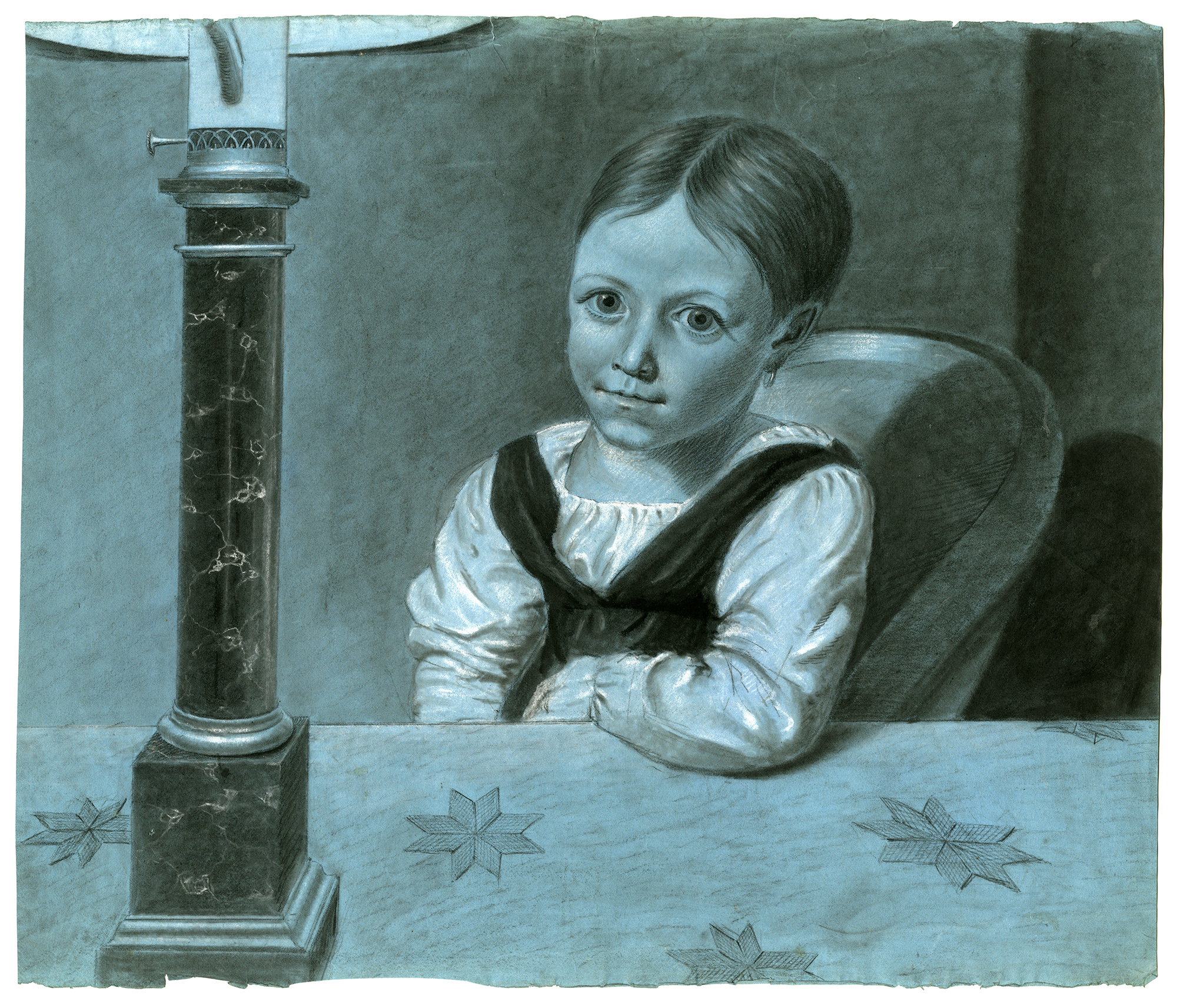 , Antique Drawing-CRAYON-PORTRAIT LITTLE GIRL-MARBLE COLUMN-Chantal-19th c., Pictura Antique Prints