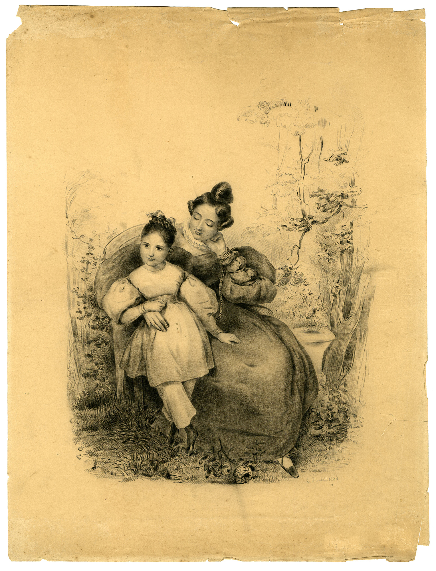 , Antique Drawing-DRAWING-MOTHER-CHILD-Chantal-1836, Pictura Antique Prints