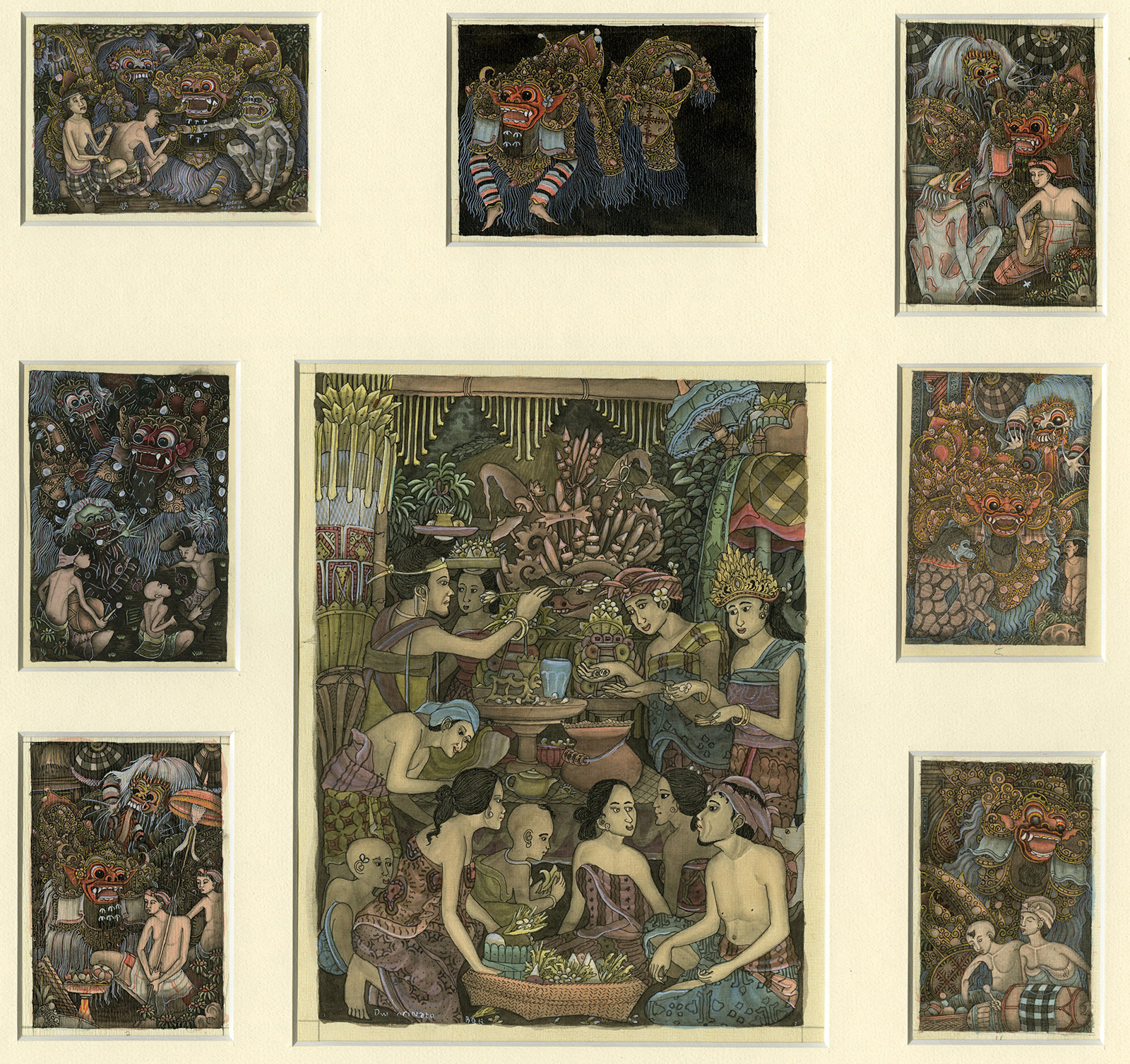 , 8-Antique Drawings-BATUAN-BALINESE-RITUALS-MONSTERS-MYTHOLOGY-Arinata-20th c., Pictura Antique Prints