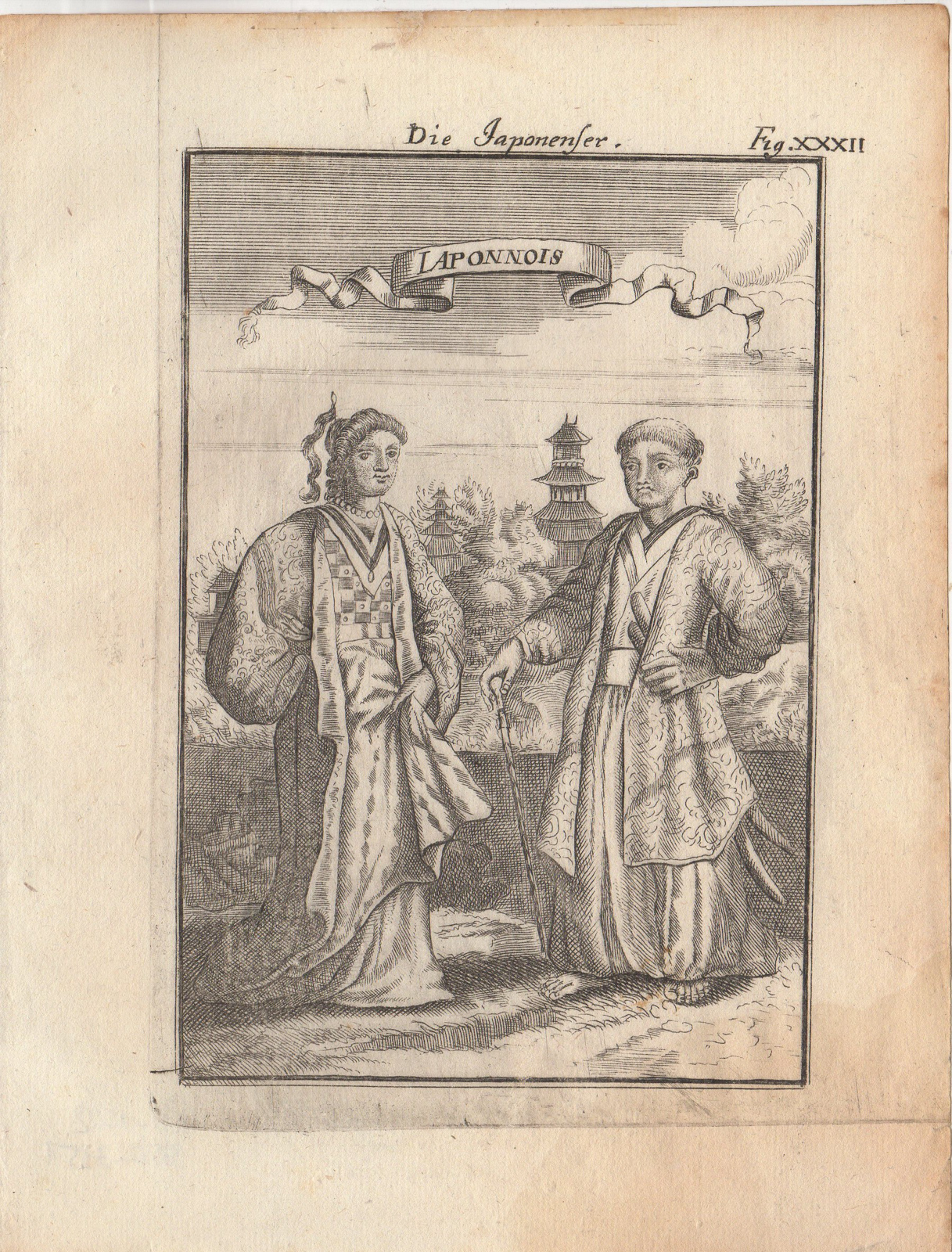 , Antique Print-JAPANESE-TEMPLE-PEOPLE-TRADITIONAL CLOTHES-Mallet-1719, Pictura Antique Prints