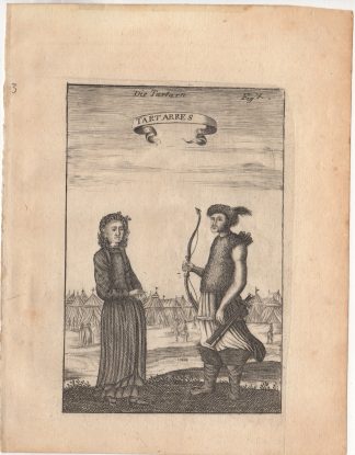 Antique Print-TARTARS-MONGOLIA-TRADITIONAL CLOTHES-TENTS-BOW-Mallet-1719