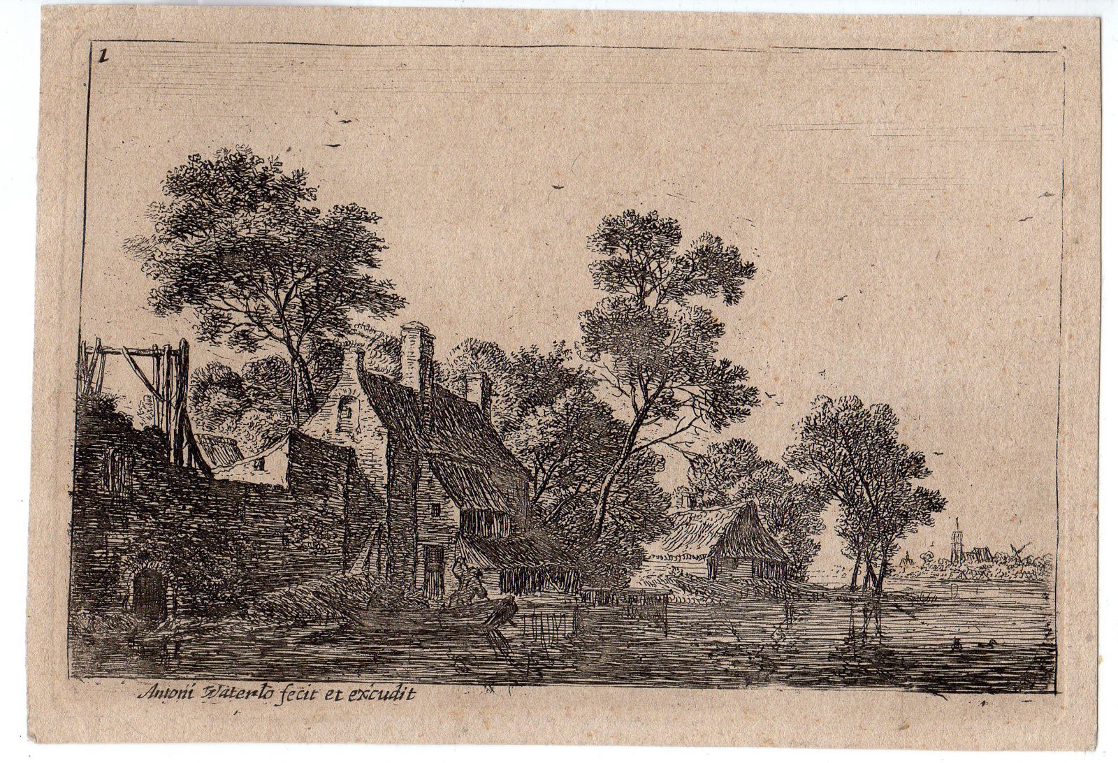 , Antique Master Print-LANDSCAPE-HOUSES-RUIN-TREES-CHURCH-WINDMILL-Waterloo-1650, Pictura Antique Prints