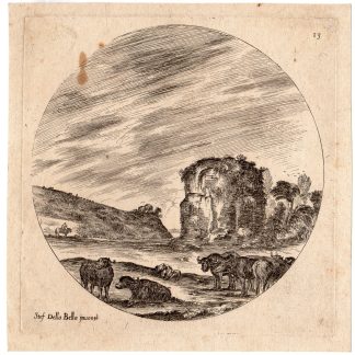 Antique Print-LANDSCAPE-RUINS-ROMAN-TEMPLE-COWS-ANIMALS-Della Bella-1646