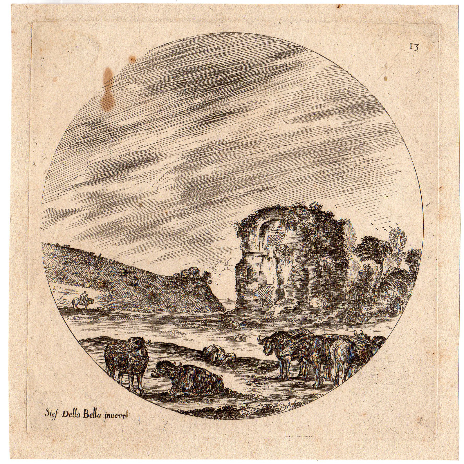, Antique Print-LANDSCAPE-RUINS-ROMAN-TEMPLE-COWS-ANIMALS-Della Bella-1646, Pictura Antique Prints