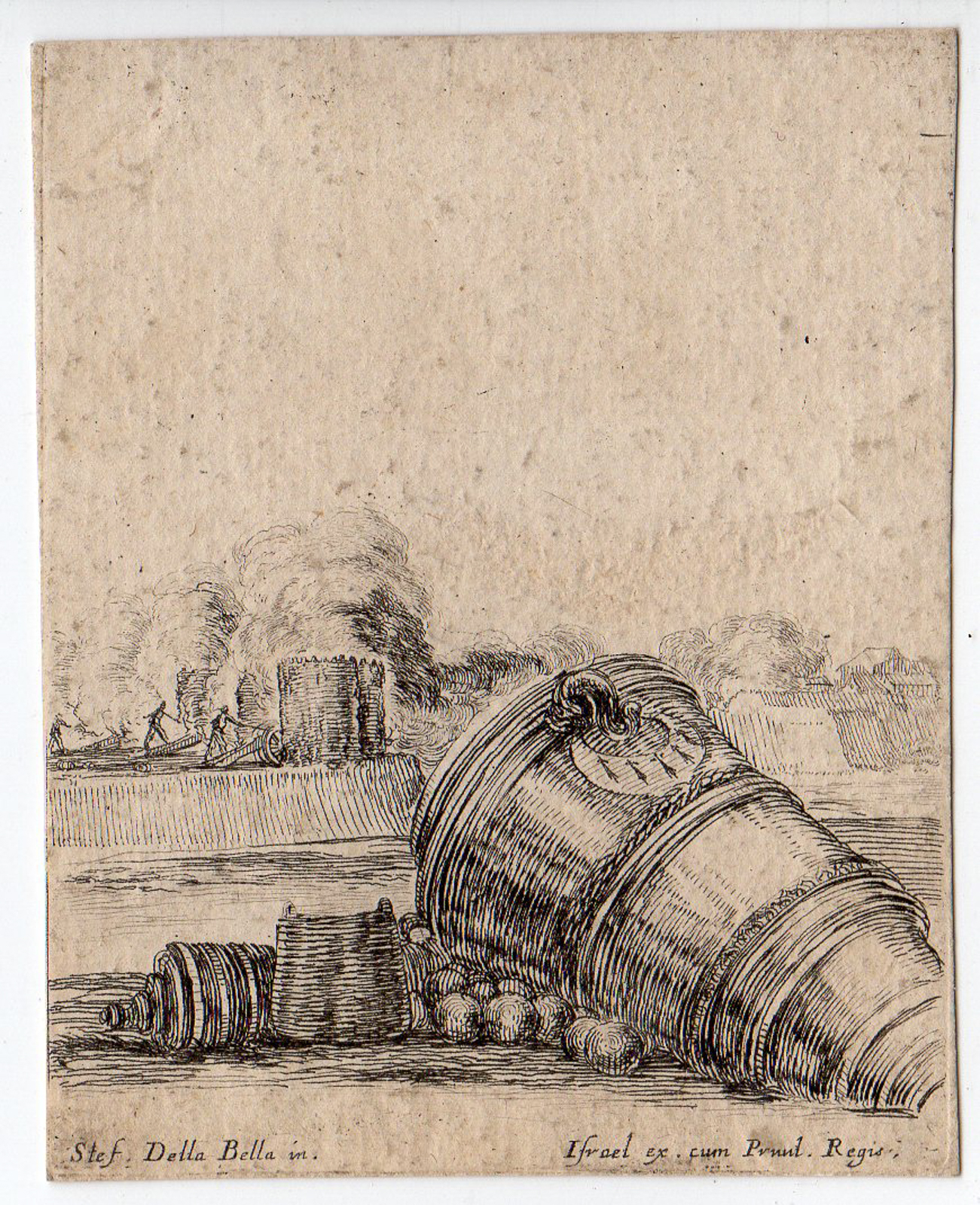 , Antique Master Print-MILITARY-CANONS-CANONBALL-CASTLE-Della Bella-Silvestre-1640, Pictura Antique Prints