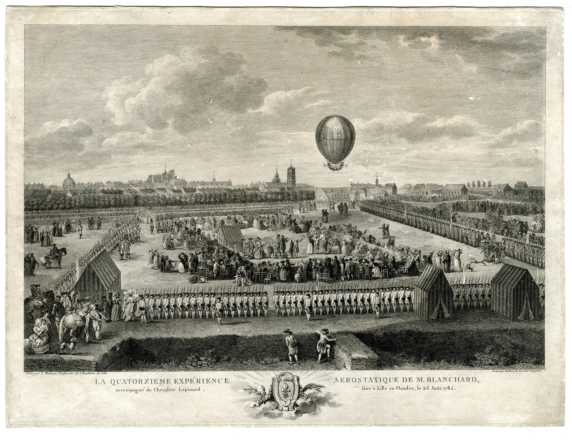 , Antique Master Print-AEROSTATIC-EXPERIENCE-BLANCHARD-LILLE-ETCHING-Helman-Watteau-1785, Pictura Antique Prints