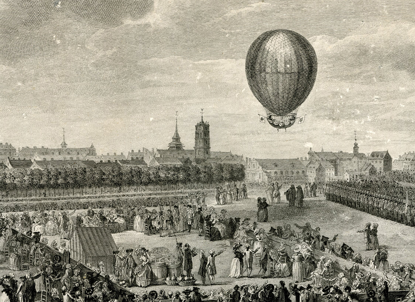 , Antique Master Print-AEROSTATIC-EXPERIENCE-BLANCHARD-LILLE-ETCHING-Helman-Watteau-1785, Pictura Antique Prints