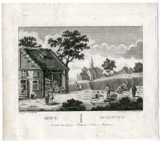 Antique Master Print-AUGUST-HARVEST-RURAL-SCENE-ENGRAVING-Soulzberger-1766