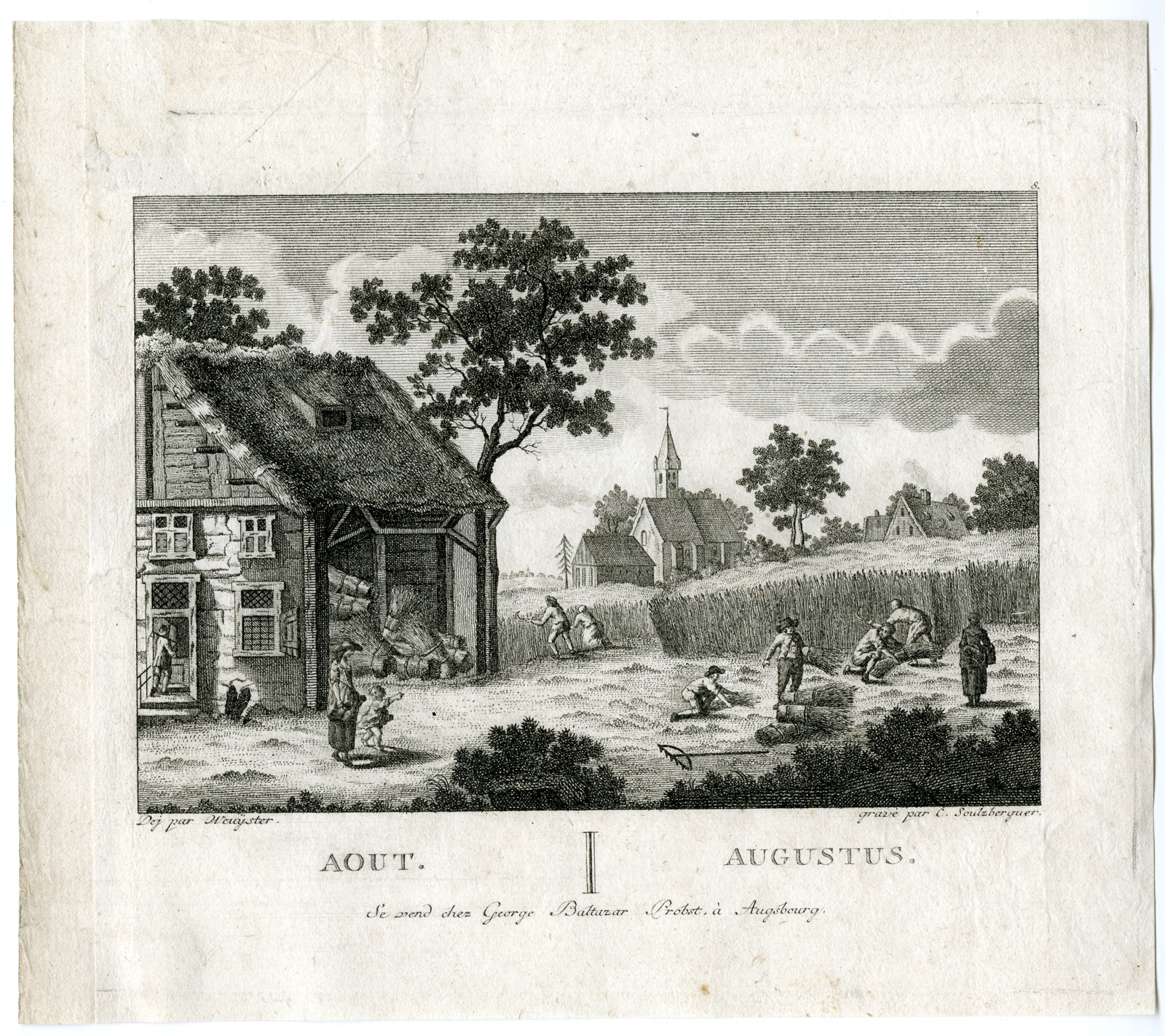 , Antique Master Print-AUGUST-HARVEST-RURAL-SCENE-ENGRAVING-Soulzberger-1766, Pictura Antique Prints