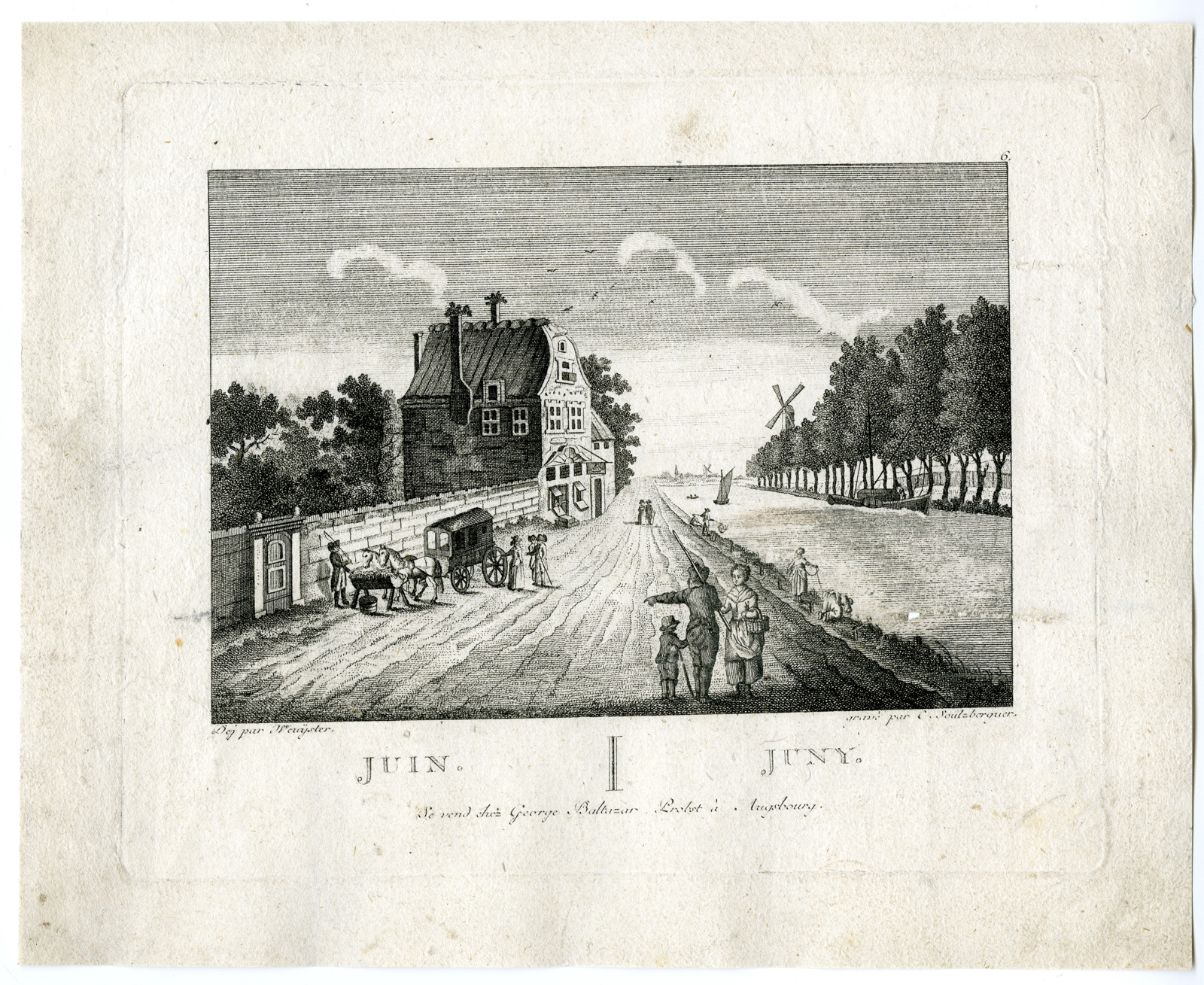 , Antique Master Print-JUNE-TRAVELERS-WINDMILL-CANAL-ENGRAVING-Soulzberger-1766, Pictura Antique Prints