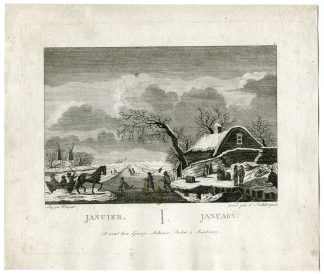 Antique Master Print-JANUARY-WINTER-LANDSCAPE-ICE-SKATING-Soulzberger-1766