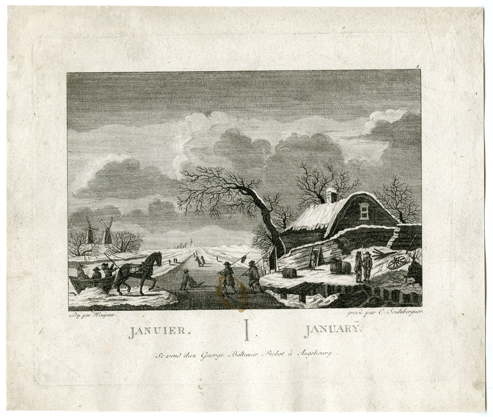 , Antique Master Print-JANUARY-WINTER-LANDSCAPE-ICE-SKATING-Soulzberger-1766, Pictura Antique Prints