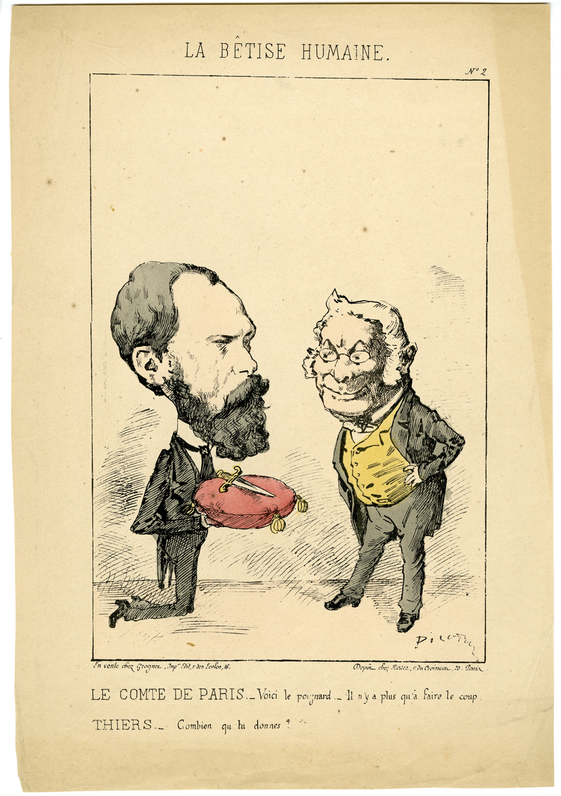 , Antique Print-POLITICAL-CARICATURE-THIERS-COMTE-DE-PARIS-FRANCE-Pilotell-1871, Pictura Antique Prints