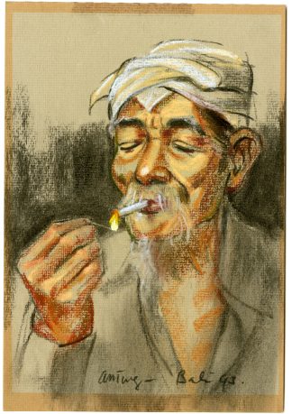 Antique Drawing-BALI-PASTEL-PORTRAIT-SMOKING-MAN-Anting-1943