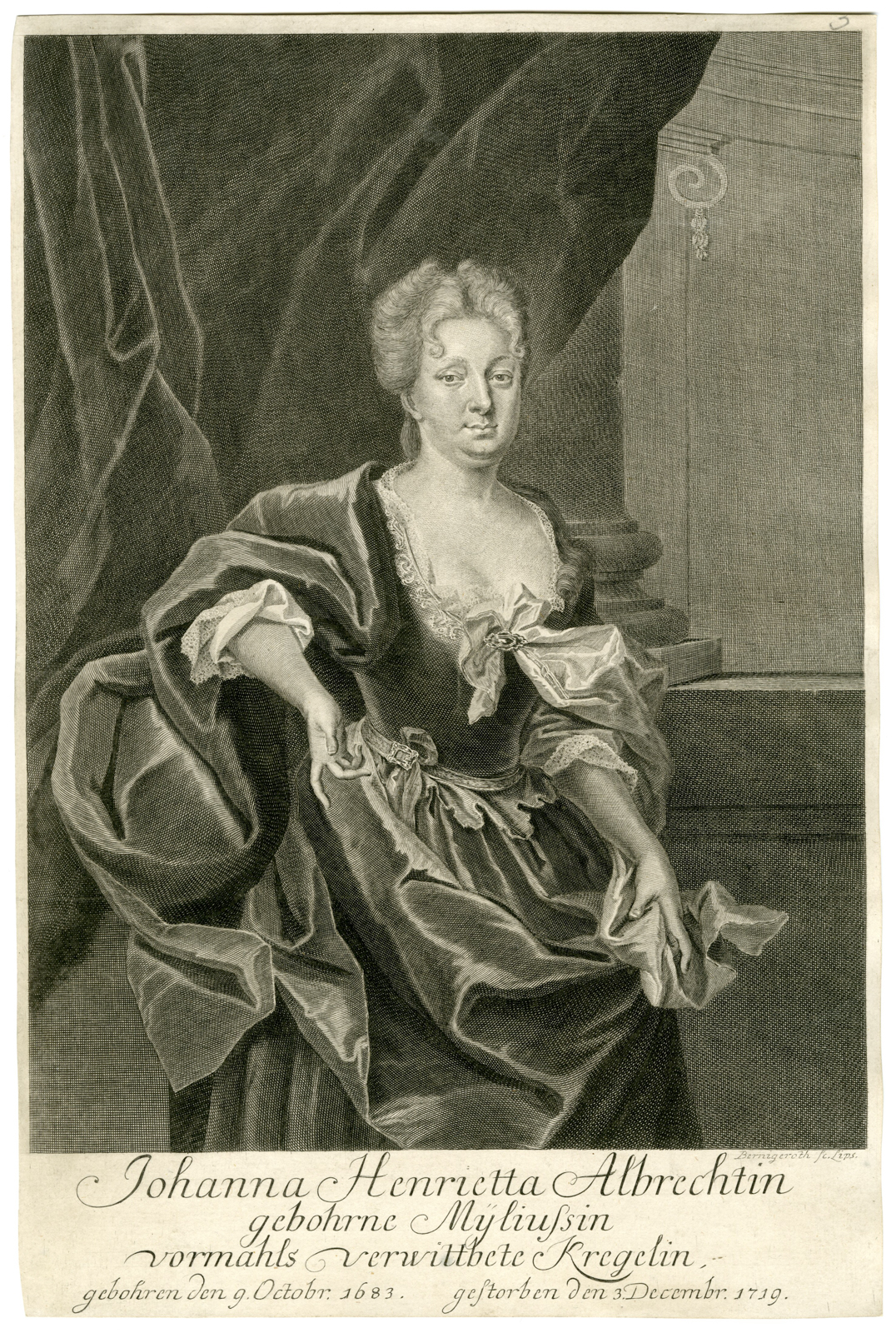 , Antique Master Print-JOHANNA-HENRIETTA-ALBRECHTIN-PORTRAIT-Bernigeroth-c.1720, Pictura Antique Prints