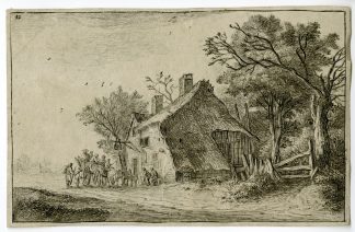 Antique Master Print-ARRIVAL-OF-TRAVELERS-INN-ETCHING-Waterloo-c.1650