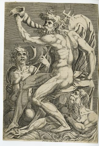 Rare-Antique Master Print-SEATED-NEPTUNE-CONCH-SHELL-Ghisi-Del Vaga-c.1550s