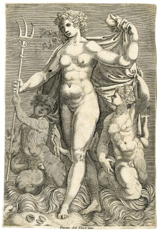 Rare-Antique Master Print-THETIS-STANDING-TRITONS-Anonymous-Del Vaga-c.1550s