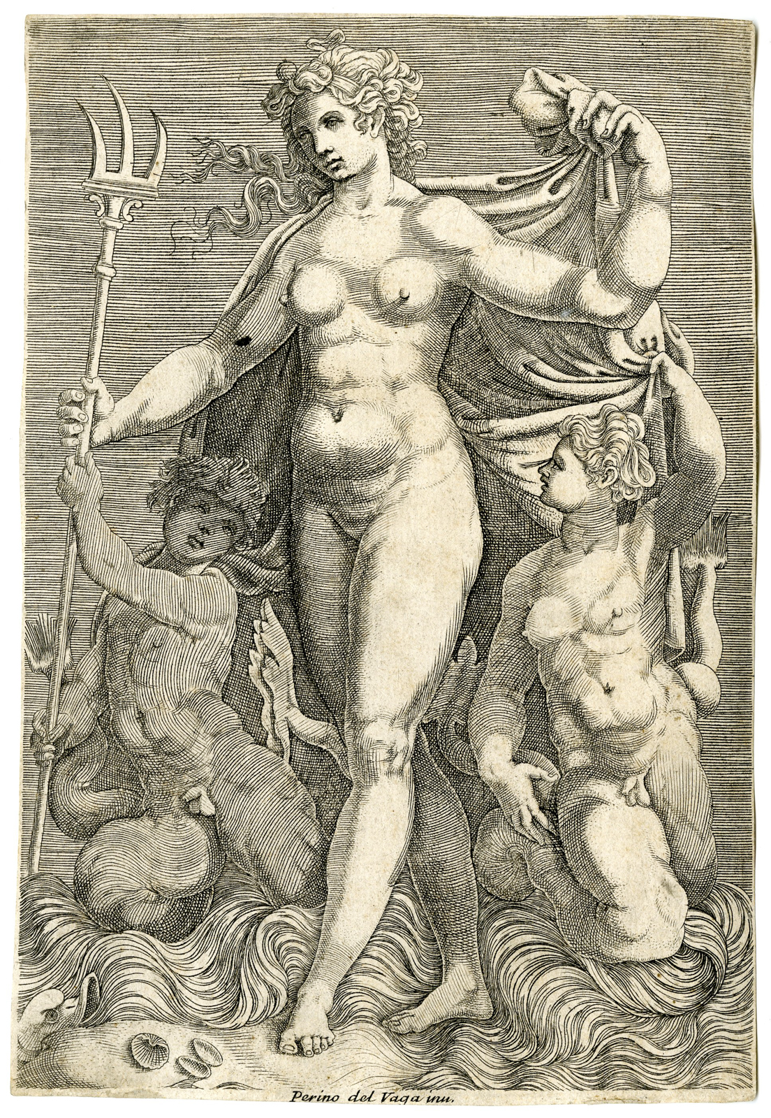 , Rare-Antique Master Print-THETIS-STANDING-TRITONS-Anonymous-Del Vaga-c.1550s, Pictura Antique Prints
