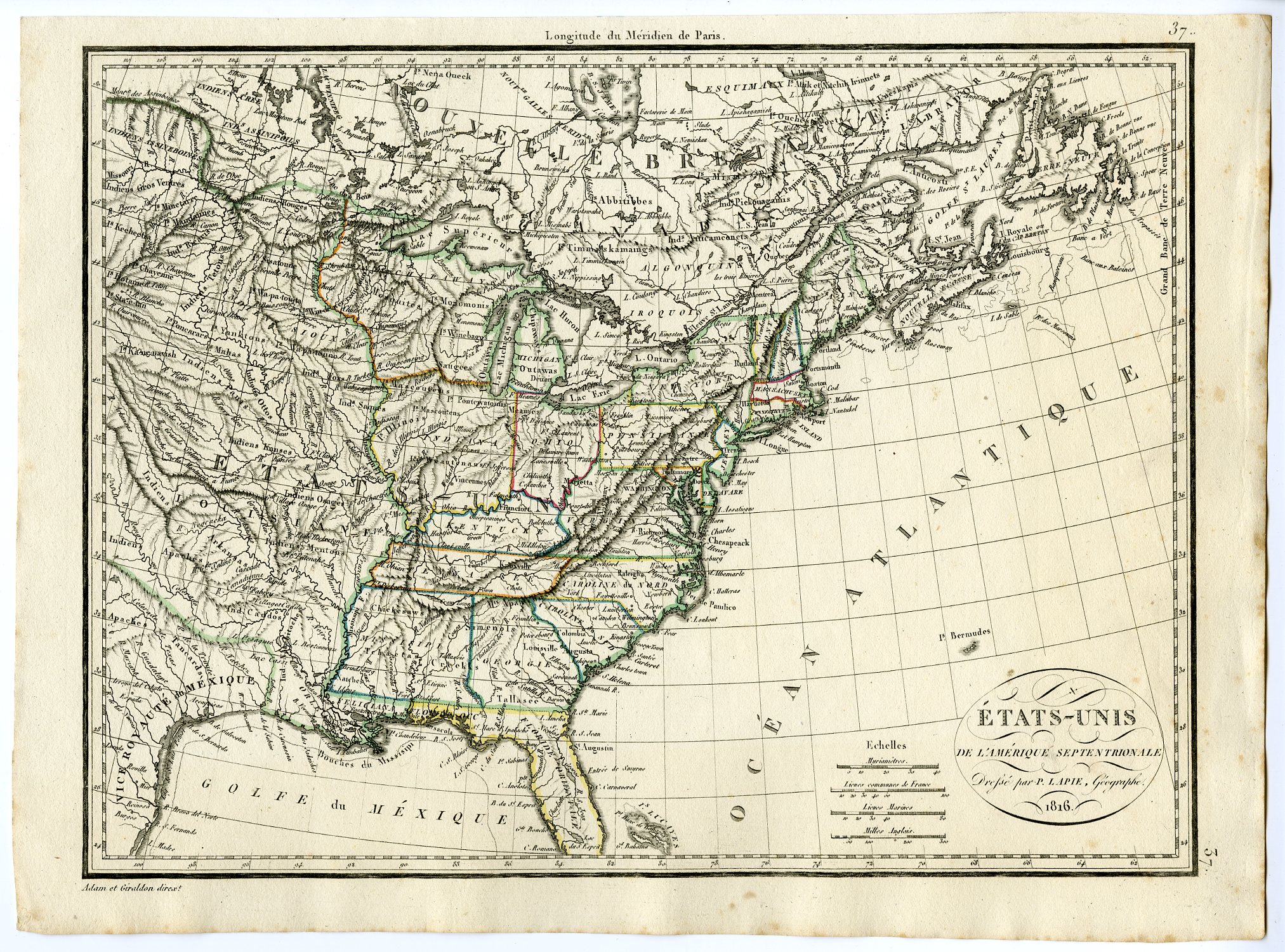, Antique Map-UNITED-STATES-MAP-LOUISIANA-FELICIANA-Lapie-1816, Pictura Antique Prints