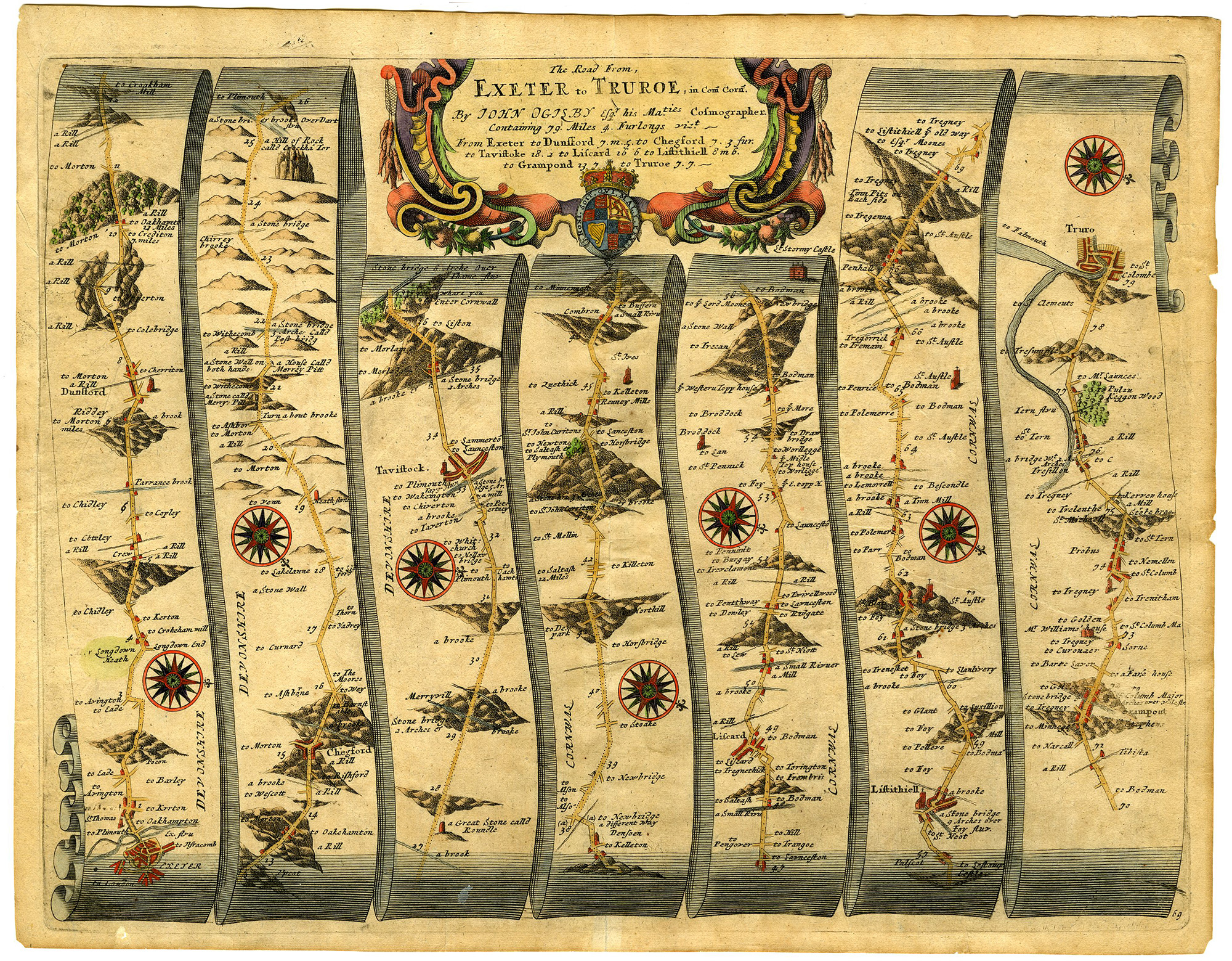 , Antique Map-EXETER-TRURO-ROAD-MAP-Ogilby-1675, Pictura Antique Prints