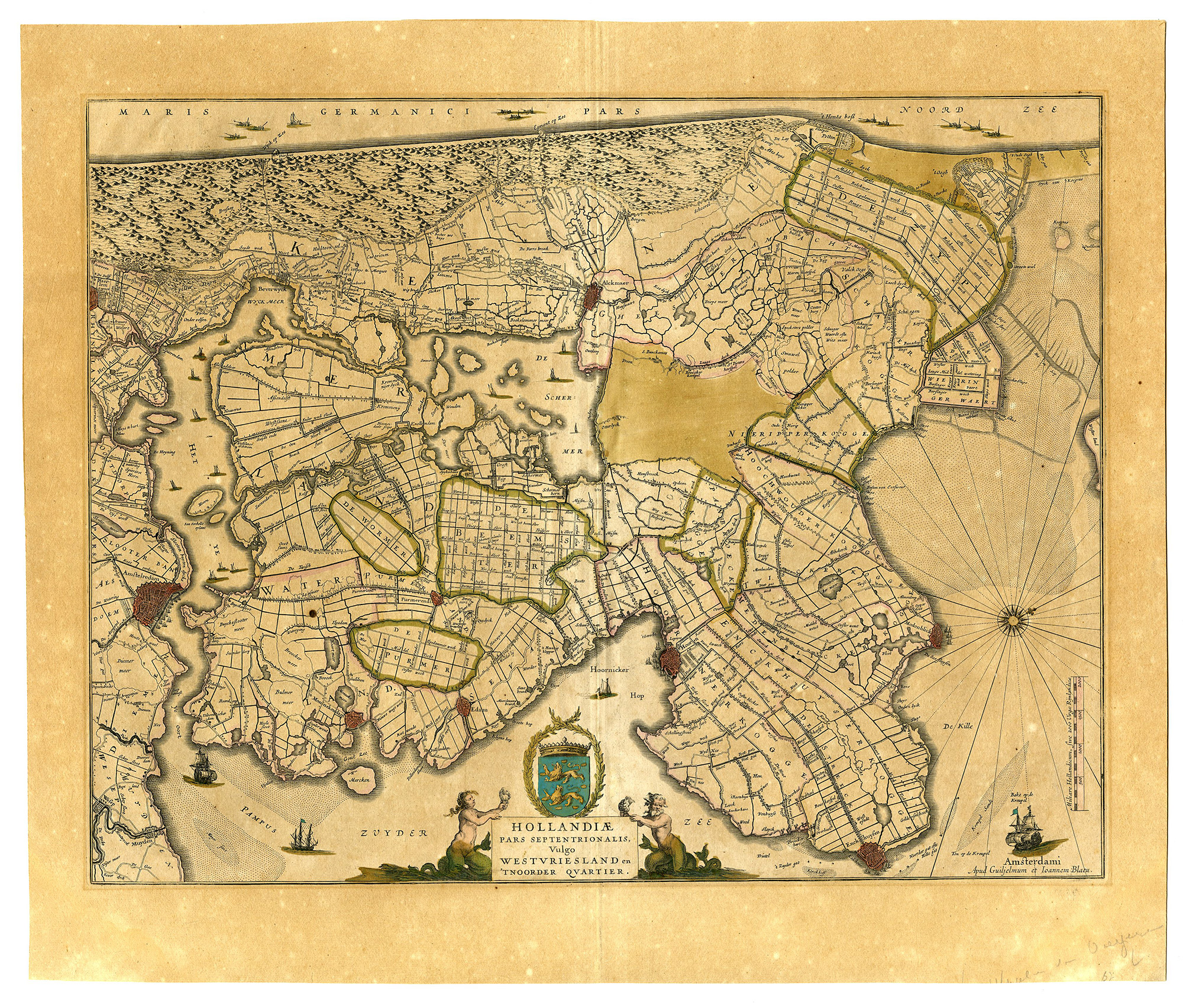 , Antique Map-HOLLANDIAE-NOORD-HOLLAND-WEST-FRIESLAND-Blaeu-1640, Pictura Antique Prints