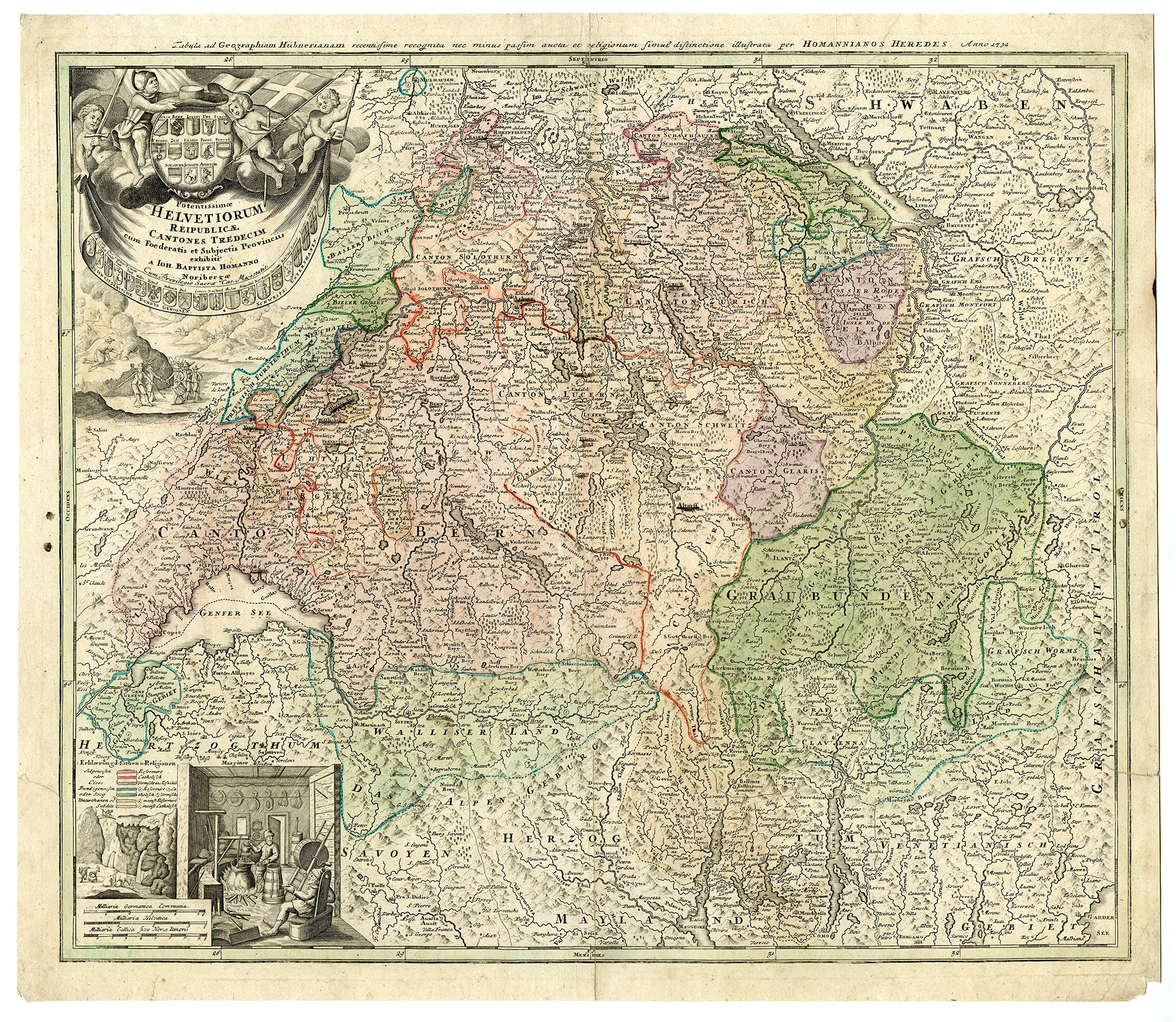, Antique Map-SWITZERLAND-MAP-Homann-1732, Pictura Antique Prints