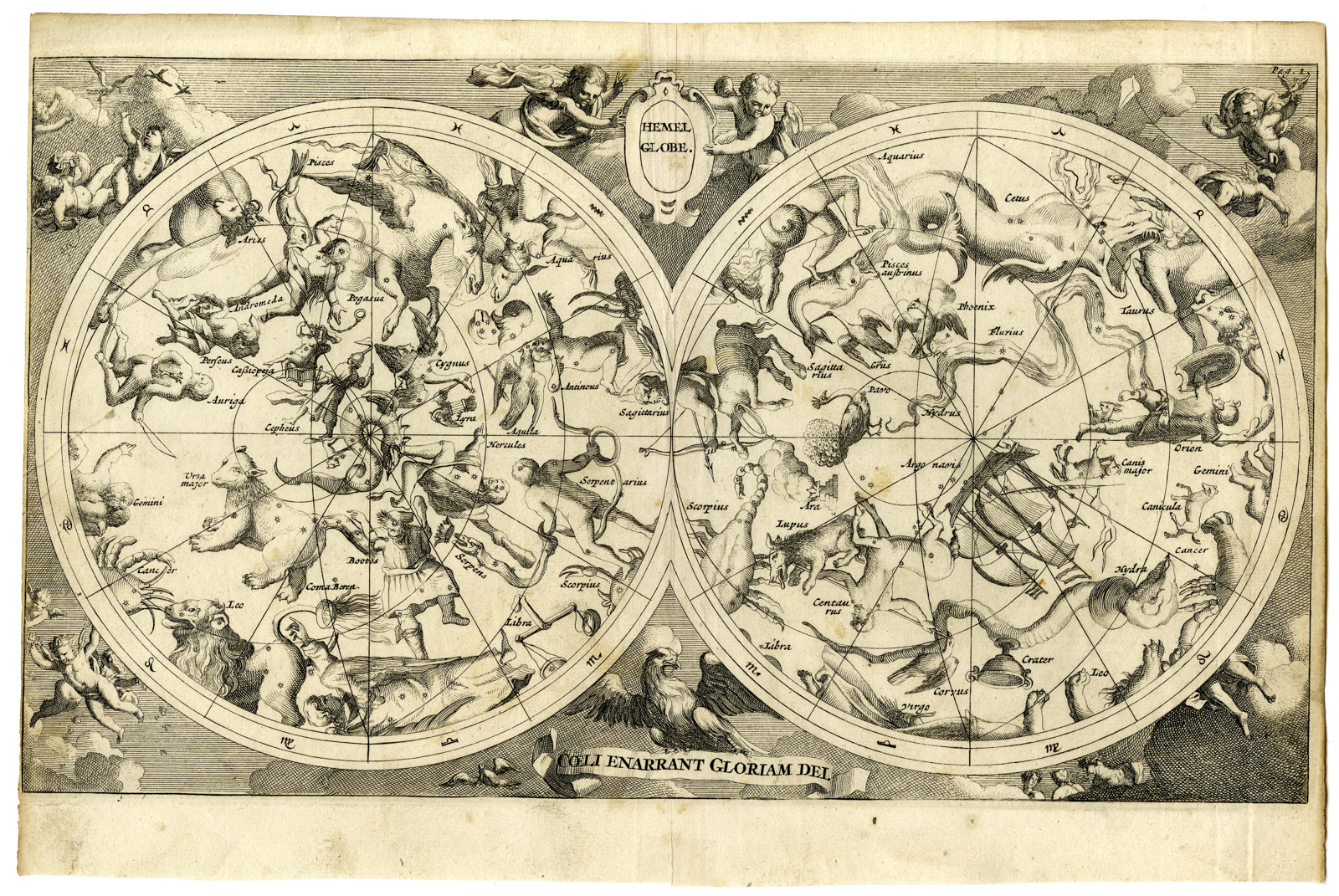 , Antique Map-CELESTIAL-MAP-HEMEL-GLOBE-de Winter-du Sauzet-1734, Pictura Antique Prints