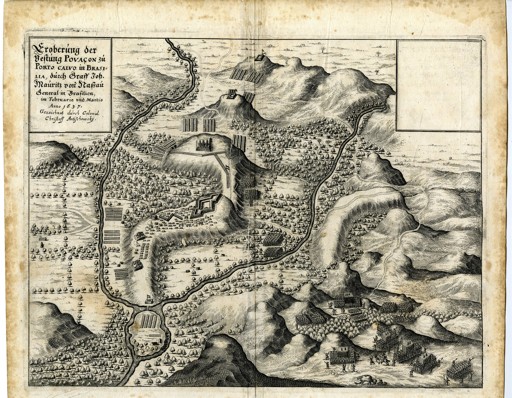 , Antique Print-PORTO-CALVO-BRAZIL-BATTLE-DUTCH-CAPTURE-Merian-1640, Pictura Antique Prints