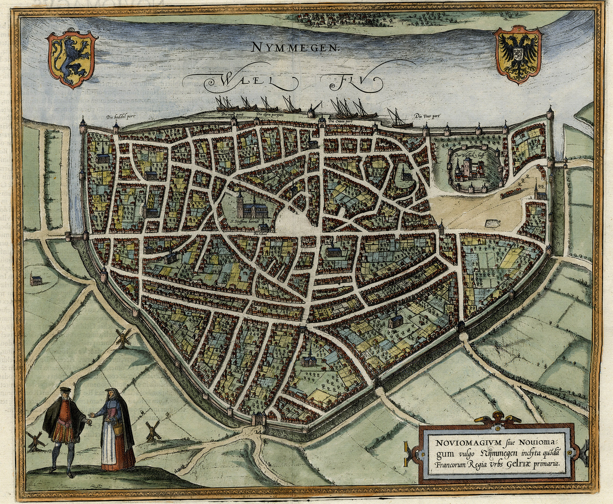 , Antique Map-NIJMEGEN-CITY-PLAN-NEW-COLORING-LATIN-Hogenberg-Braun-1581, Pictura Antique Prints