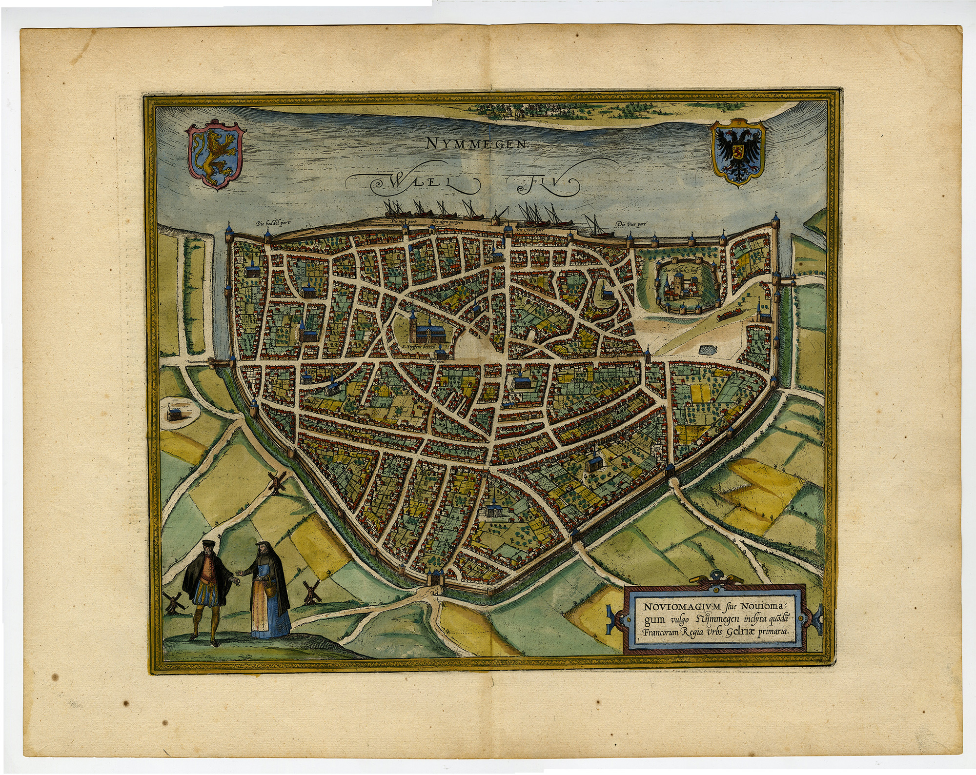, Antique Map-NIJMEGEN-CITY-PLAN-OLD-COLORING-LATIN-Hogenberg-Braun-1581, Pictura Antique Prints