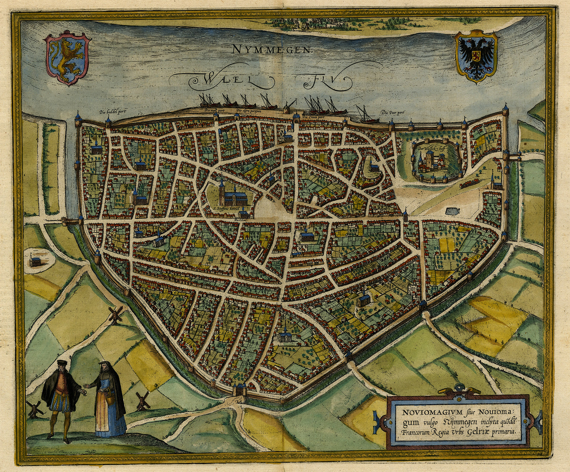 , Antique Map-NIJMEGEN-CITY-PLAN-OLD-COLORING-LATIN-Hogenberg-Braun-1581, Pictura Antique Prints