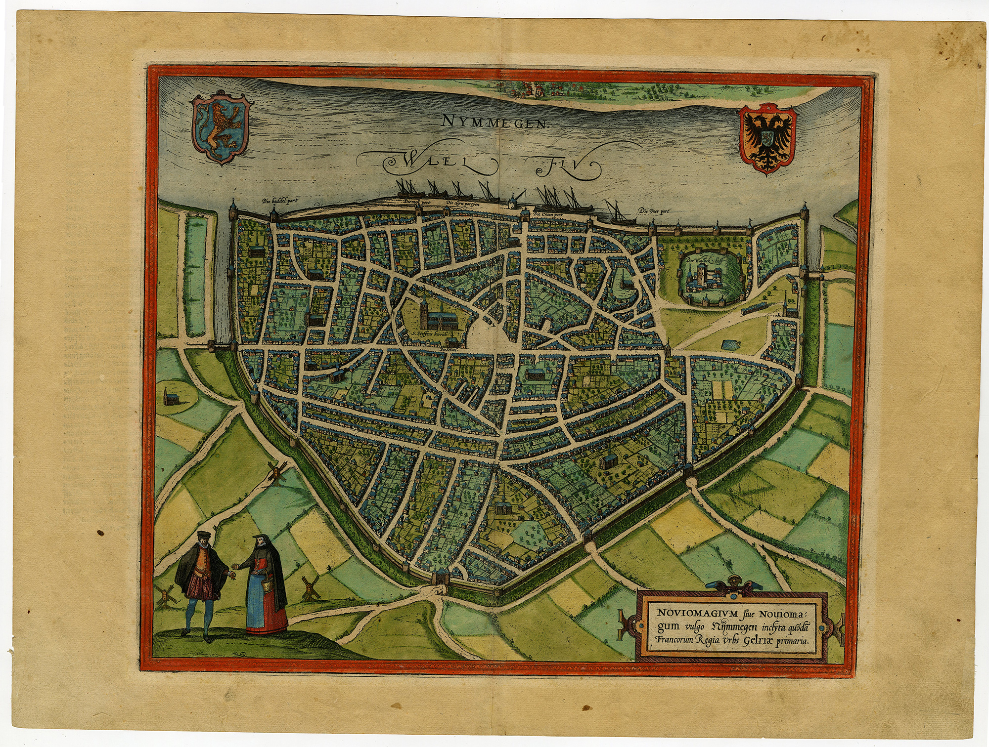 , Antique Map-NIJMEGEN-CITY-PLAN-OLD-COLORING-GERMAN-Hogenberg-Braun-1581, Pictura Antique Prints